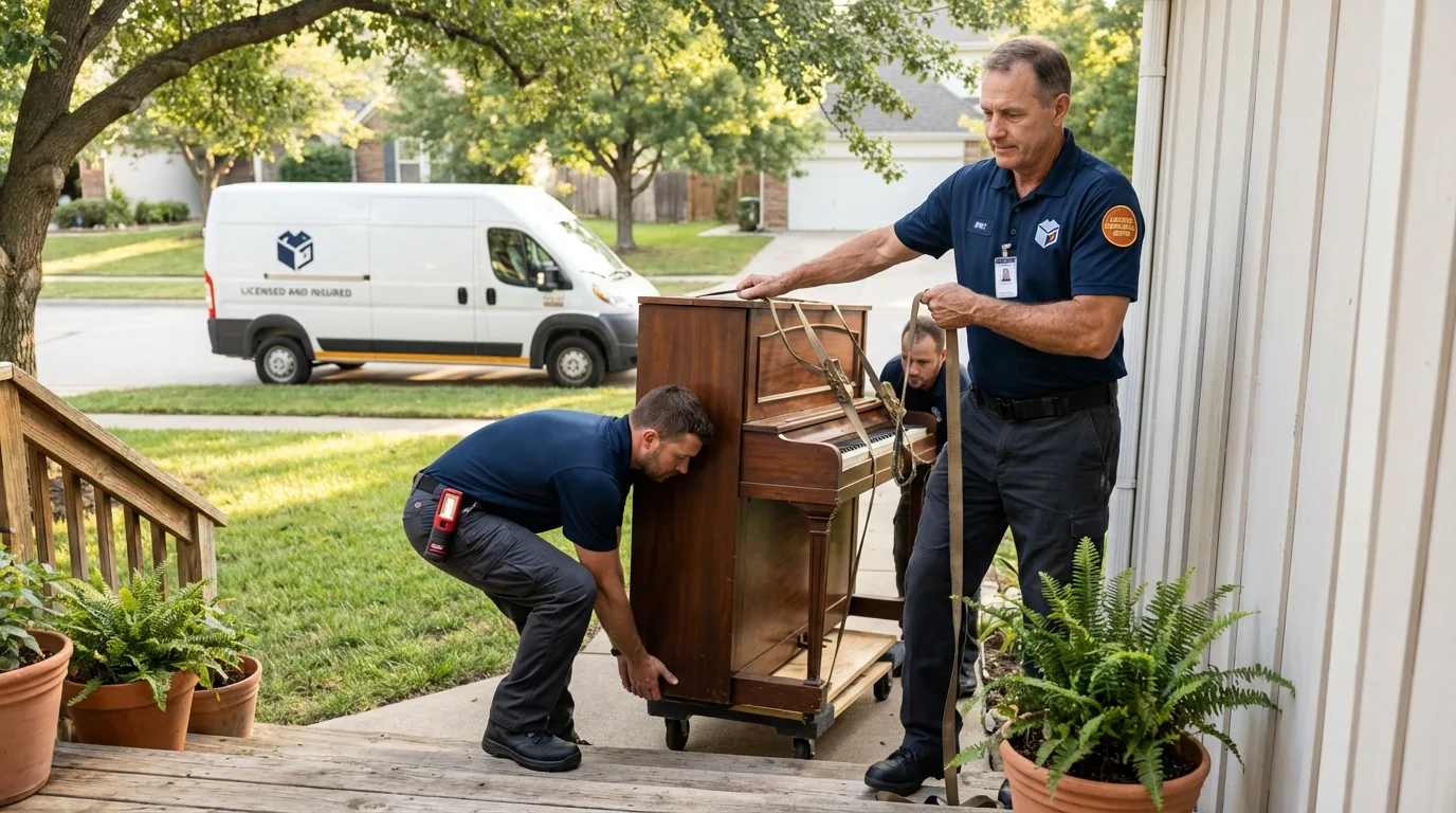 Licensed piano movers securing grand piano in Crooksville, OH