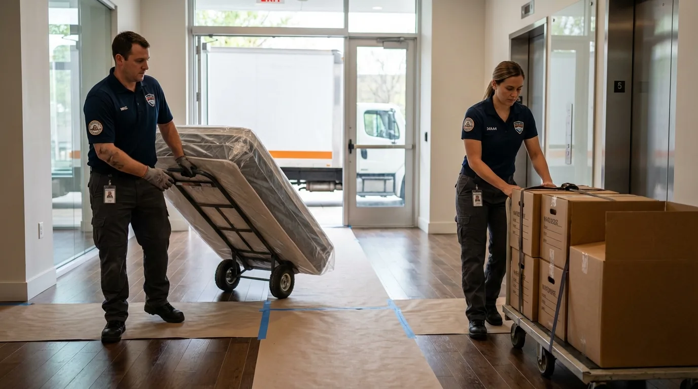 Professional apartment movers loading elevator in Crooksville, OH